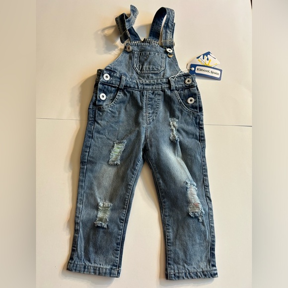 KIDSCOOL SPACE DENIM DISTRESSED BIB OVERALLS 90% COTTON 18-24 MONTHS NWTS - Picture 1 of 9